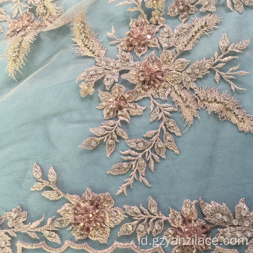 Oranye Berat Pekerjaan Tangan Beaded Embroidery Lace Fabric